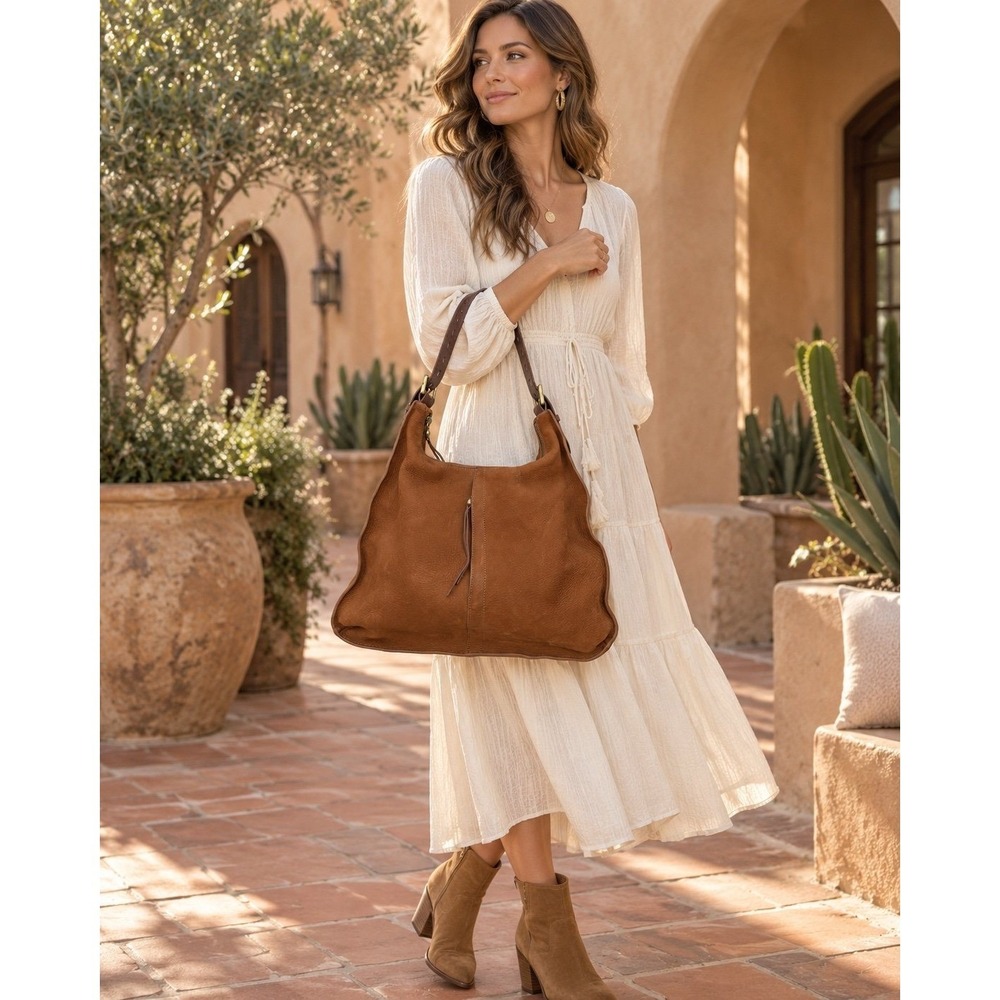 HOBO International Brown Pebbled Leather Shoulder Bag Floral Lining